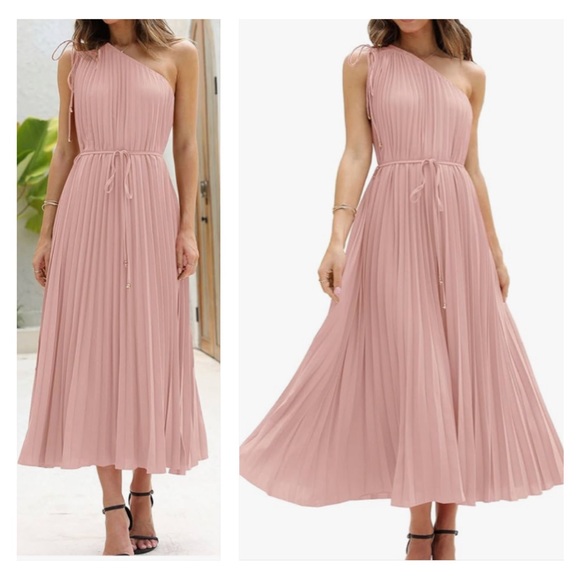 A-line Shoulder Straps Pleated Maxi Dresses with Belt Blushing Pink